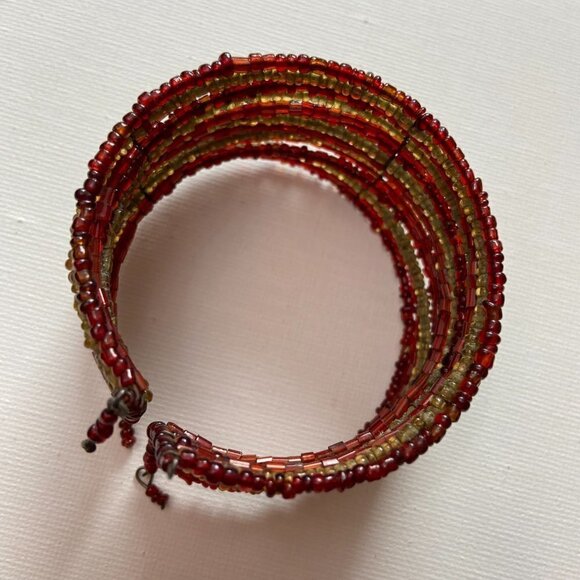 Wide Cuff Bracelet with Layered Gold and Red Beads - Picture 3 of 4